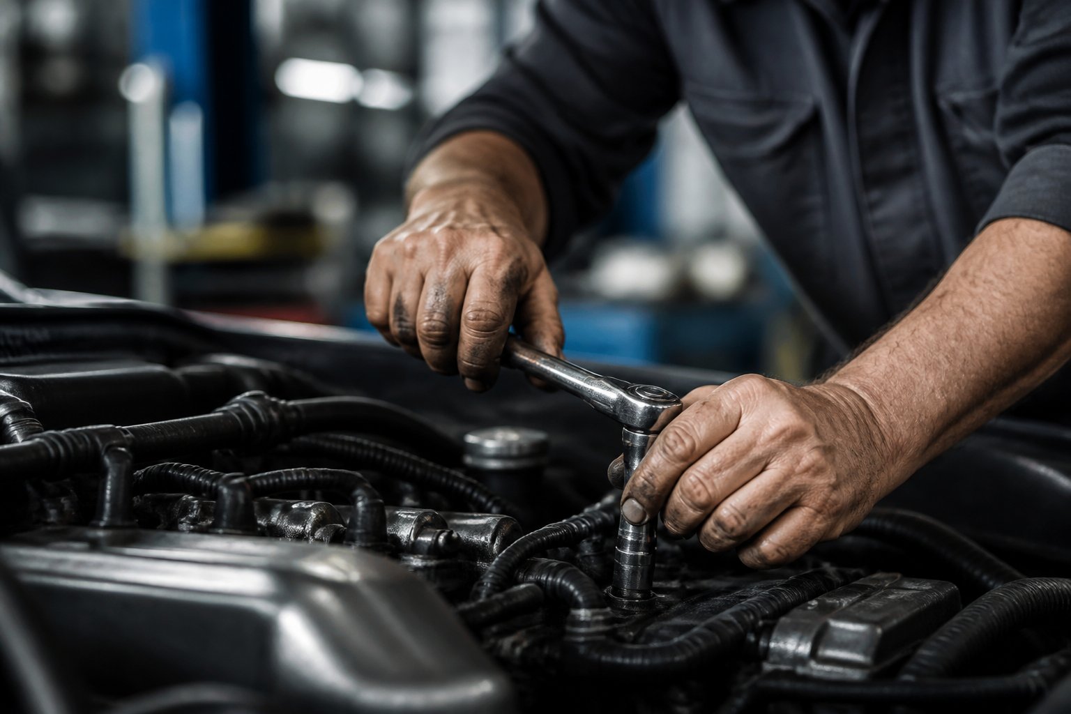 A mechanic’s grease-stained hands rest over an open engine in an auto repair garage.