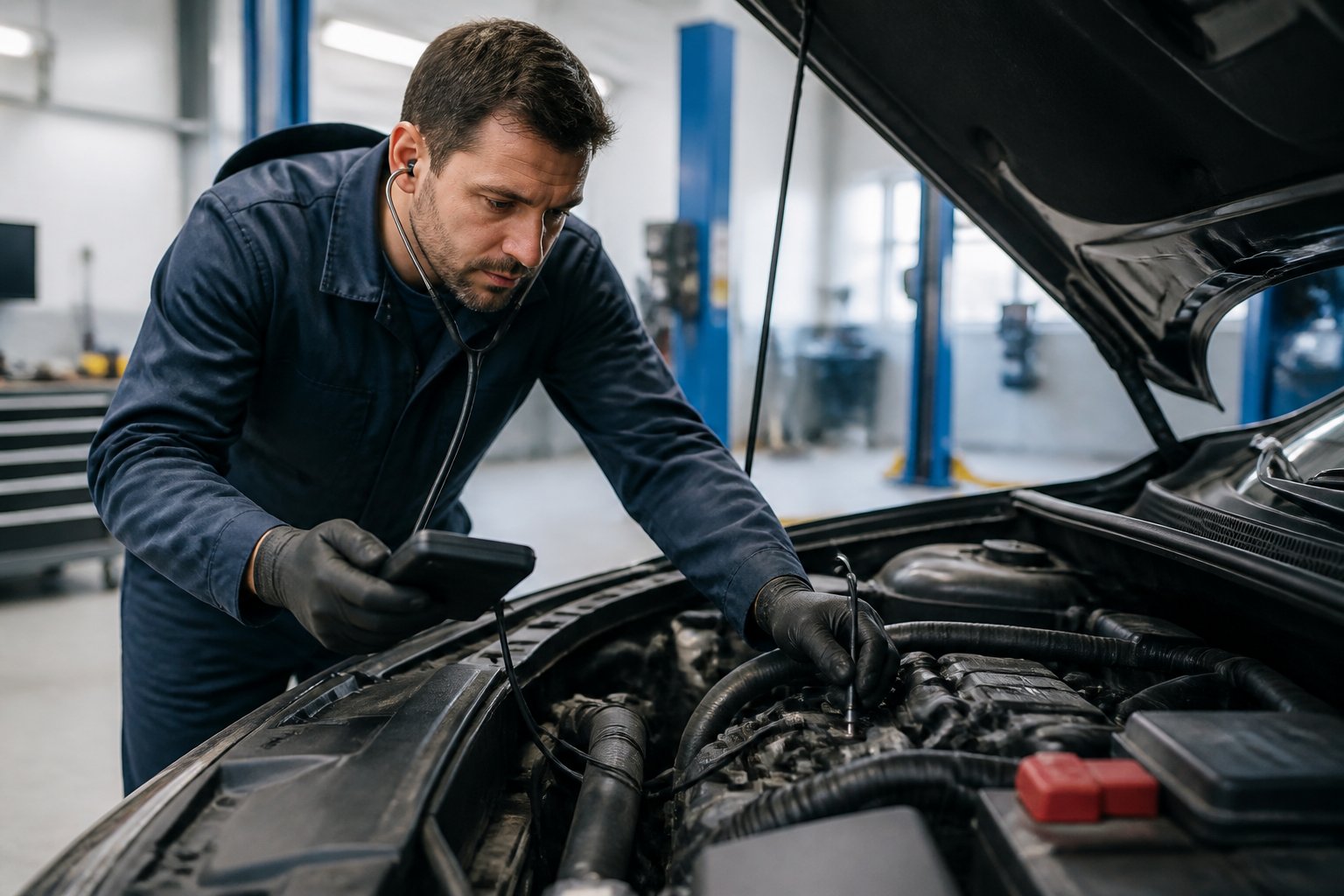 A mechanic carefully diagnoses a car engine in a well-organized automotive workshop.