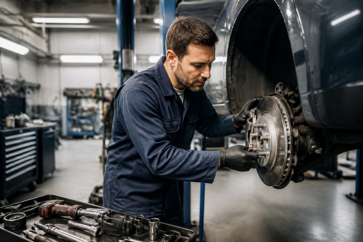 A mechanic carefully inspects a vehicle in a clean, organized auto repair workshop.