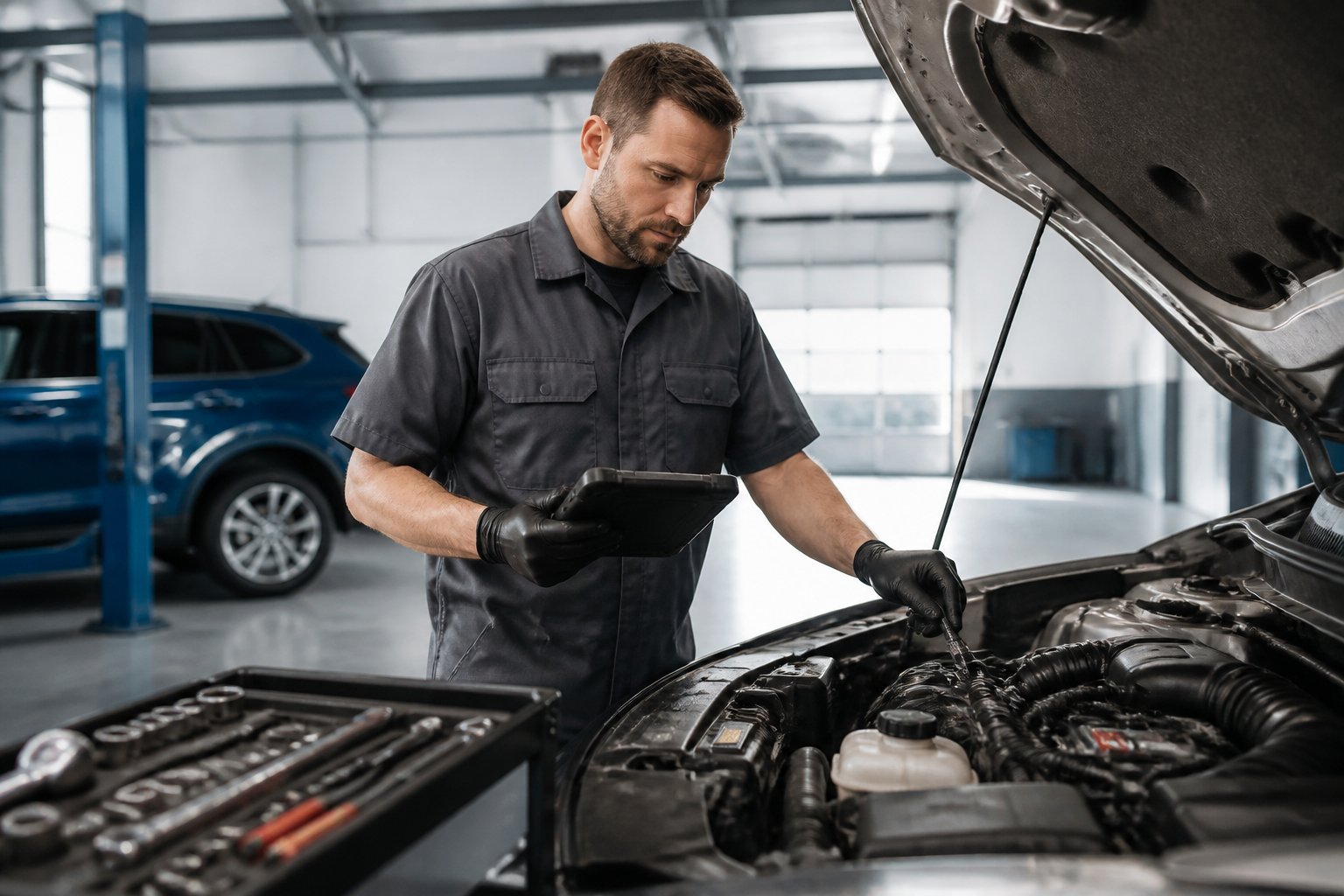 A mechanic inspects an open car hood in a clean automotive workshop.