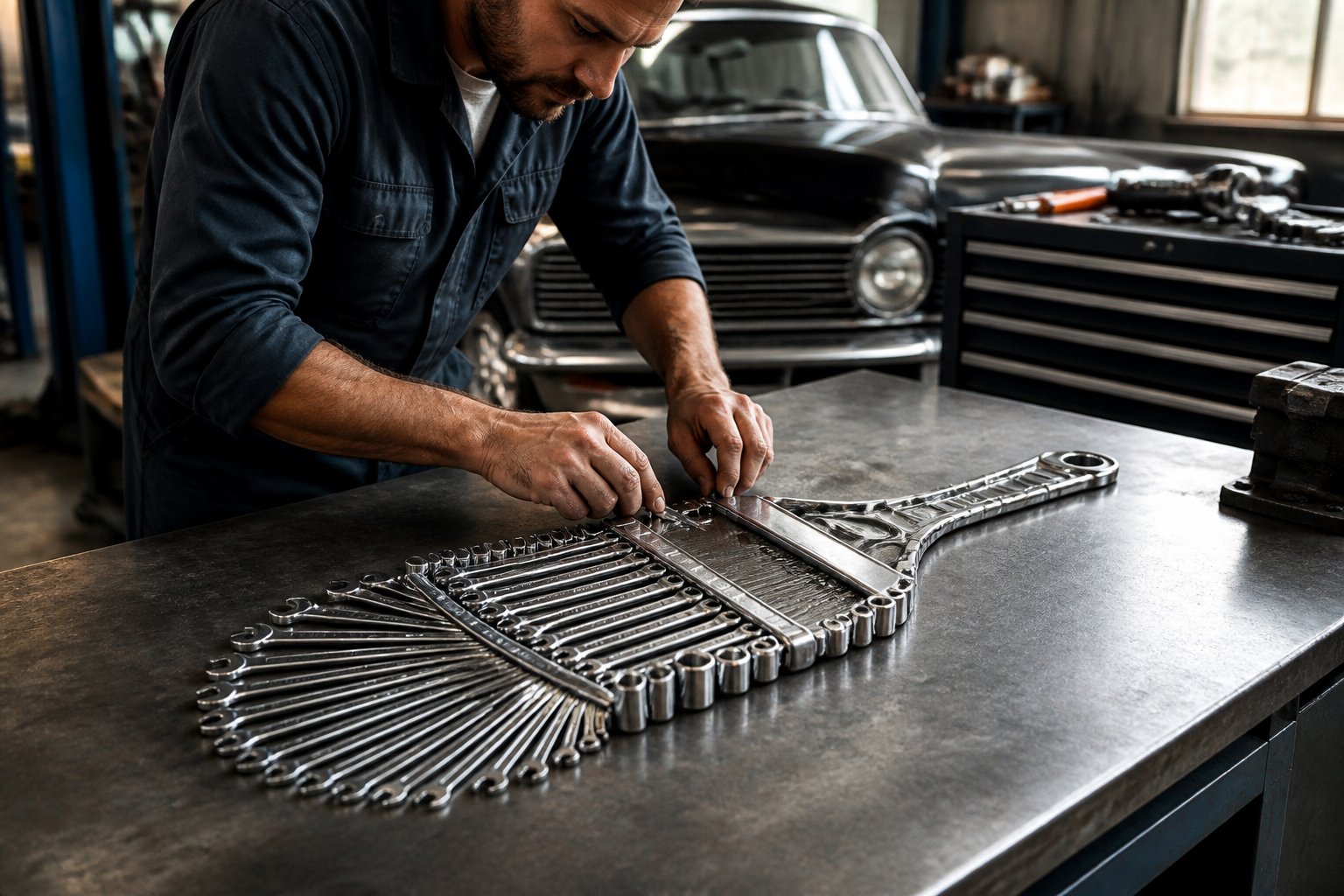 A mechanic arranges polished wrenches on a workbench in an automotive workshop.
