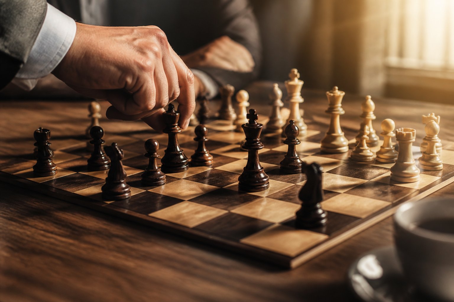 A chessboard with carved pieces arranged during a thoughtful game.