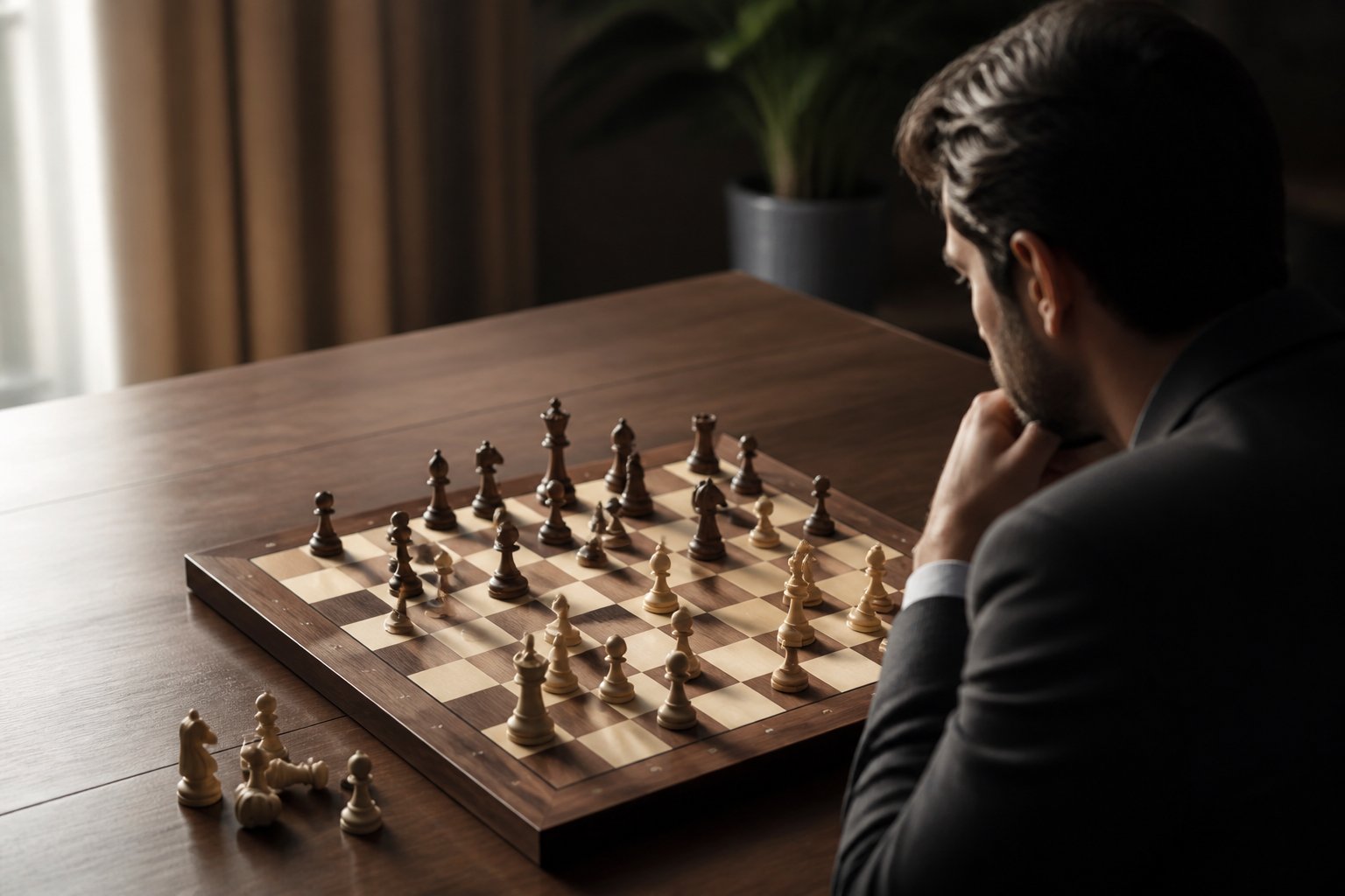 A focused chess player studies a complex position on a wooden chessboard.