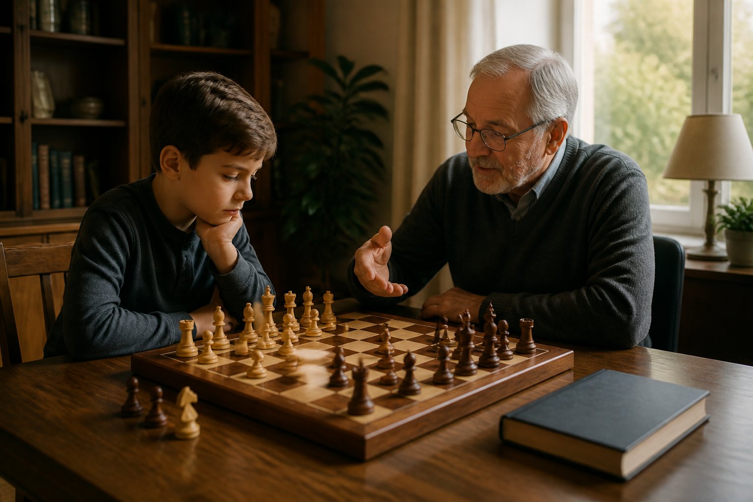 A young chess player studies a board while an experienced mentor offers guidance.