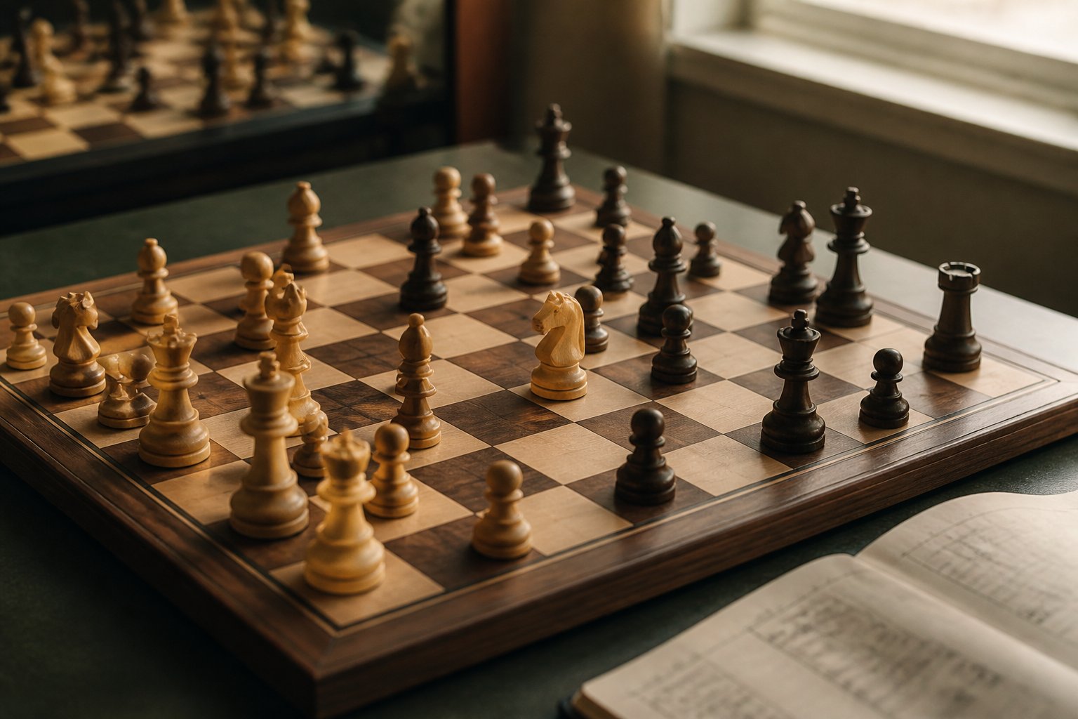 A thoughtfully arranged chessboard with pieces positioned in a complex mid-game strategy.