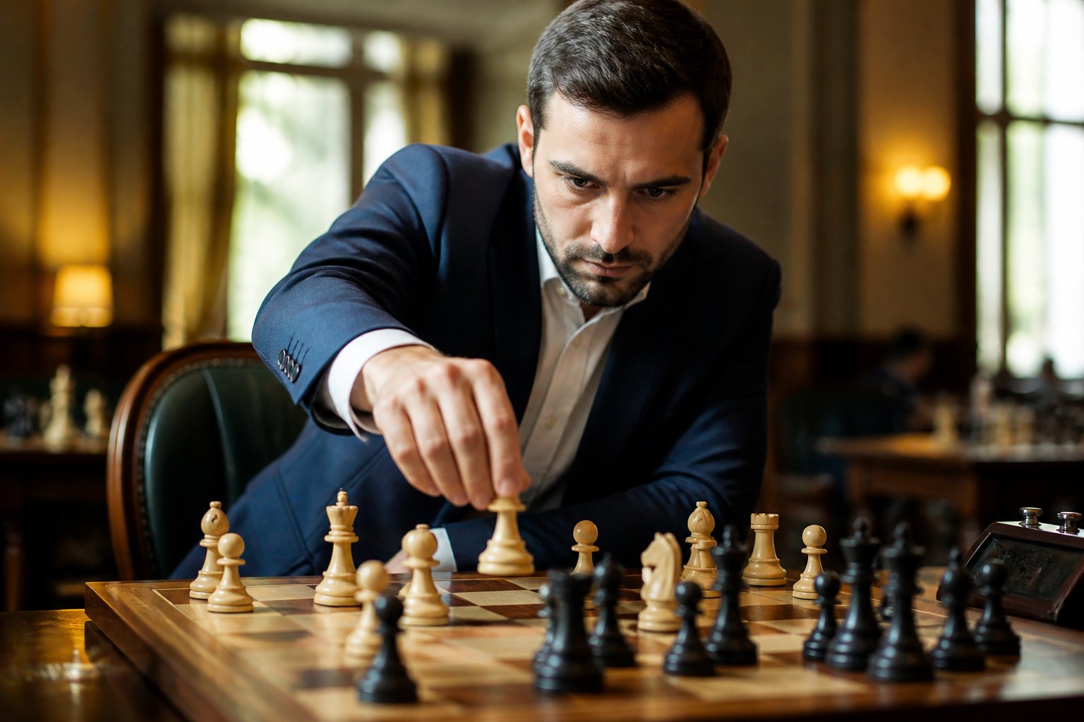 A focused chess player makes a decisive move on a polished chessboard during a tense game.