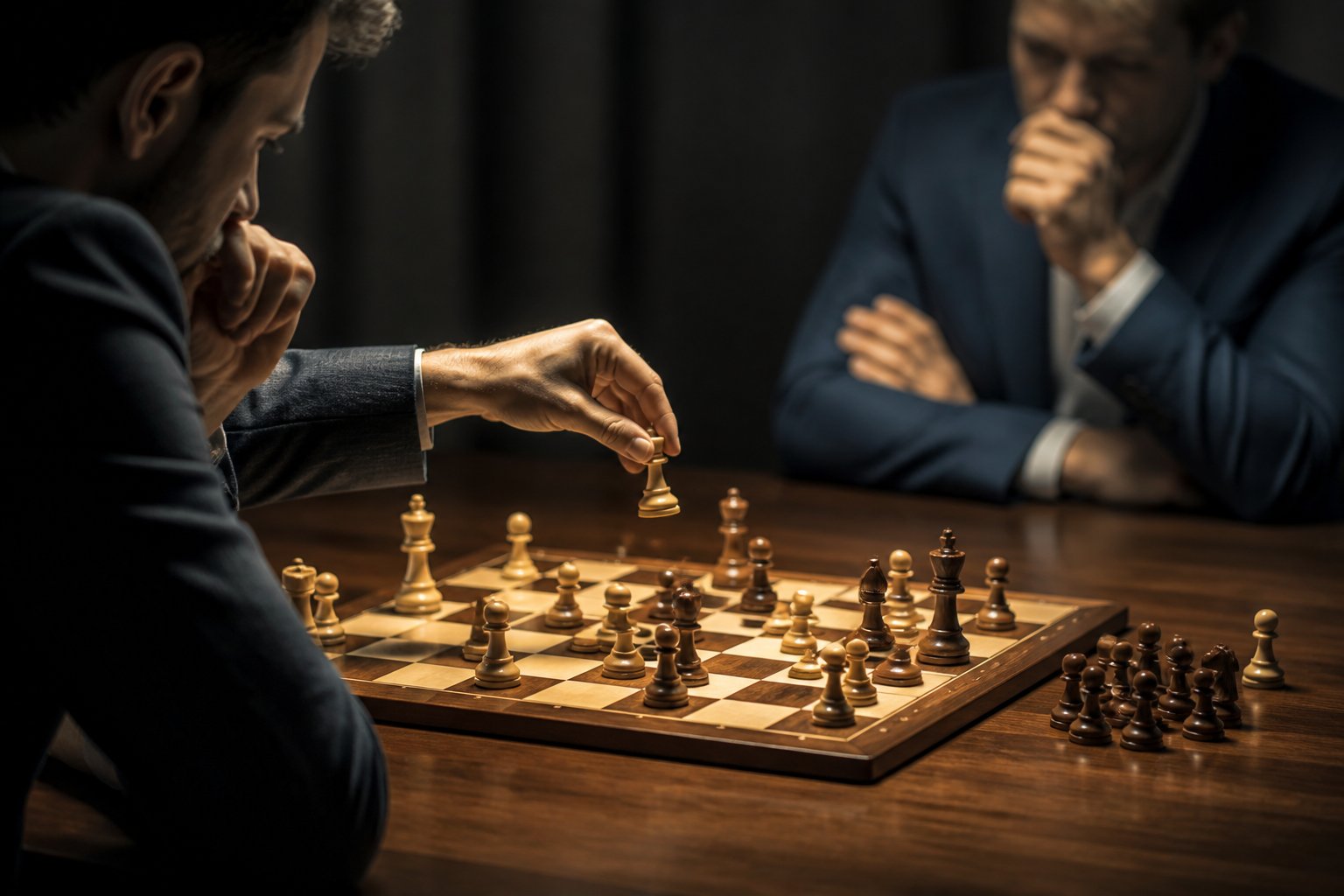 A focused chess player studies a tense position on a wooden chessboard while an opponent sits blurred in the background.