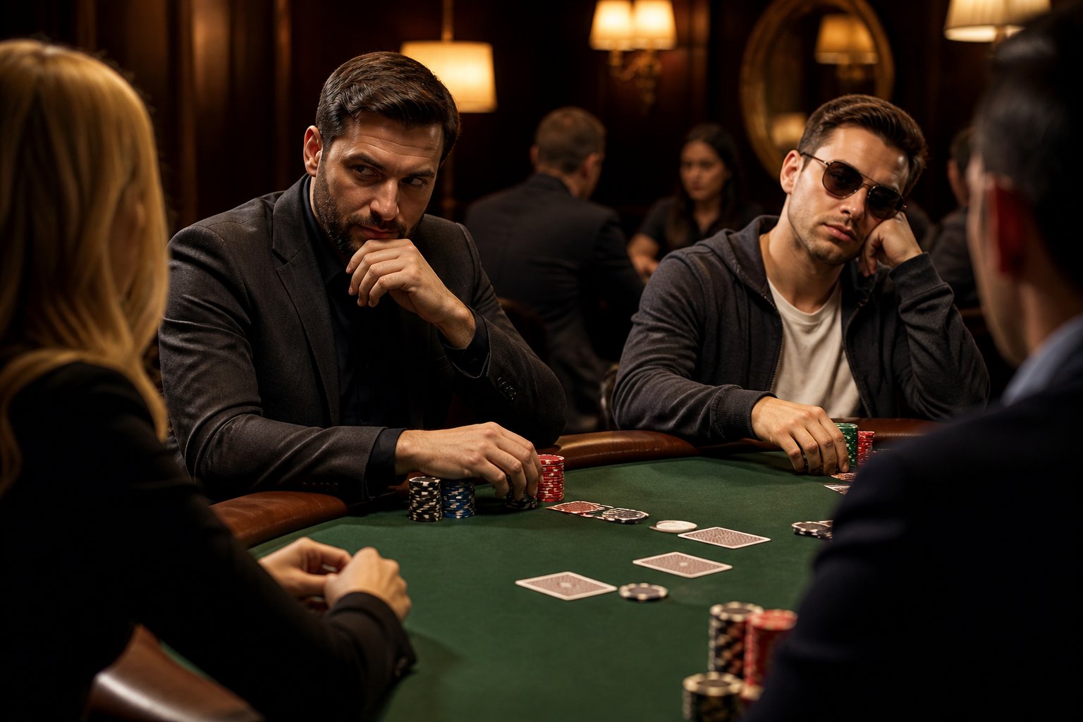 Players study one another during a tense poker game at a casino table.