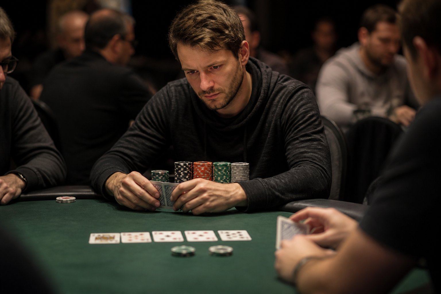A focused poker player studies cards at a casino table surrounded by chips and blurred opponents.