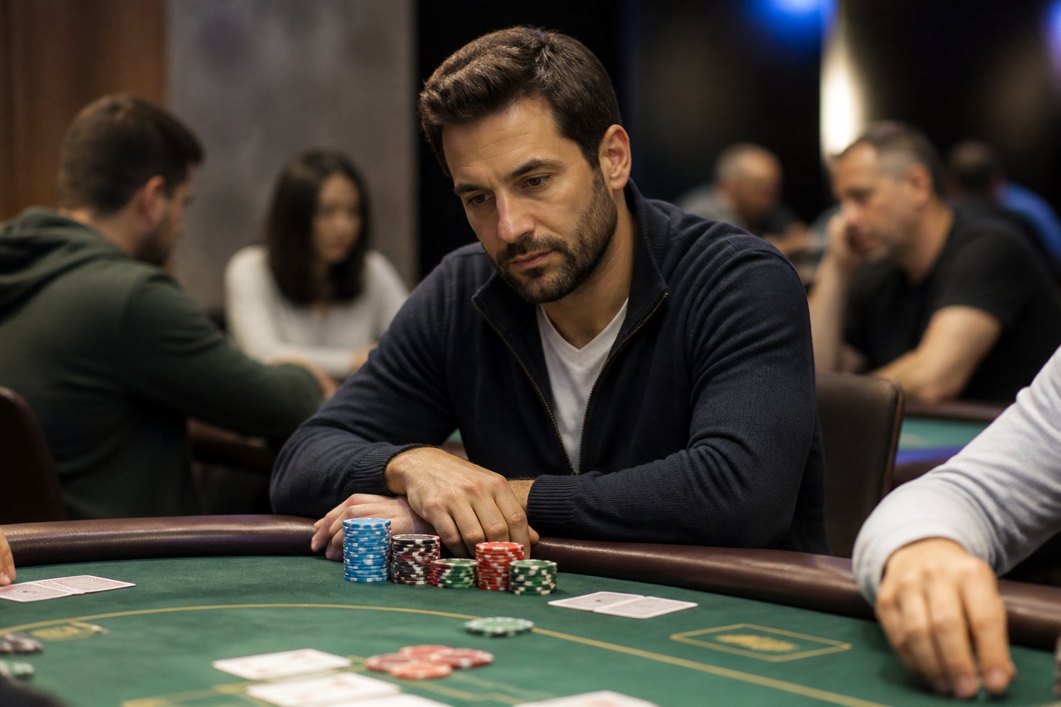 A reflective poker player sits at a table after losing a hand, with chips and cards in front of them.