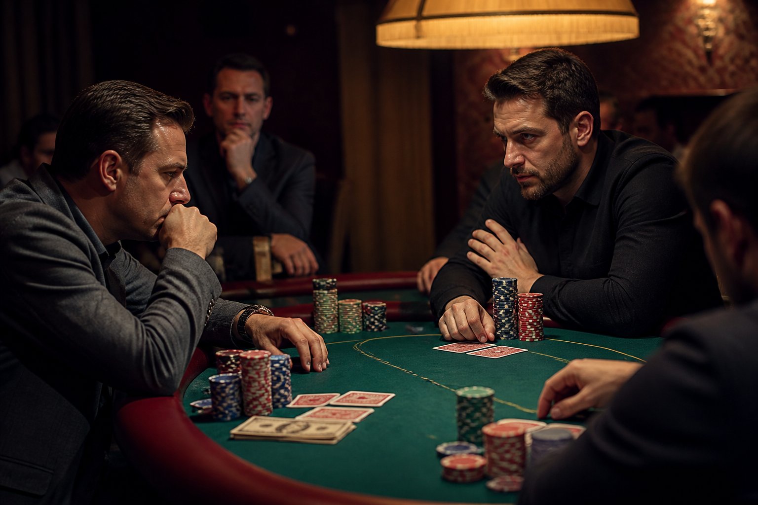Two focused poker players face each other across a table covered with chips and playing cards.