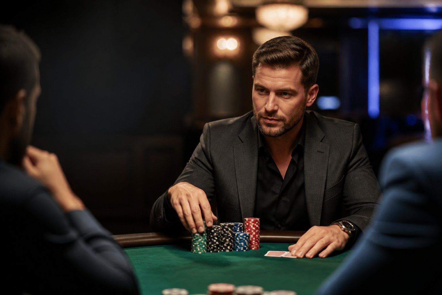 A focused poker player sits at a casino table with chips and playing cards while opponents watch.