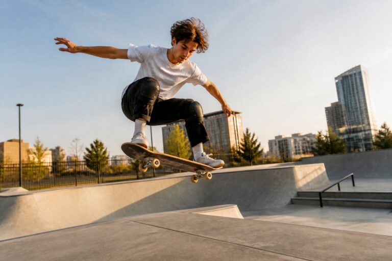 A person in a white shirt and black pants performs a skateboard trick in a skatepark, with city buildings visible in the background.