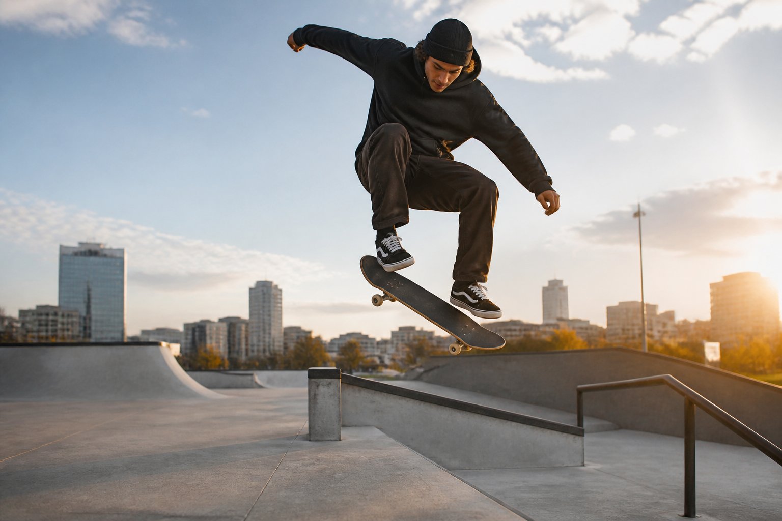 A skateboarder performs an aerial trick at a modern outdoor skatepark.
