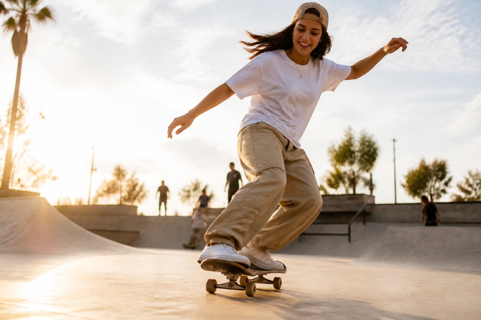 A joyful skateboarder rides through a sunny urban skatepark.