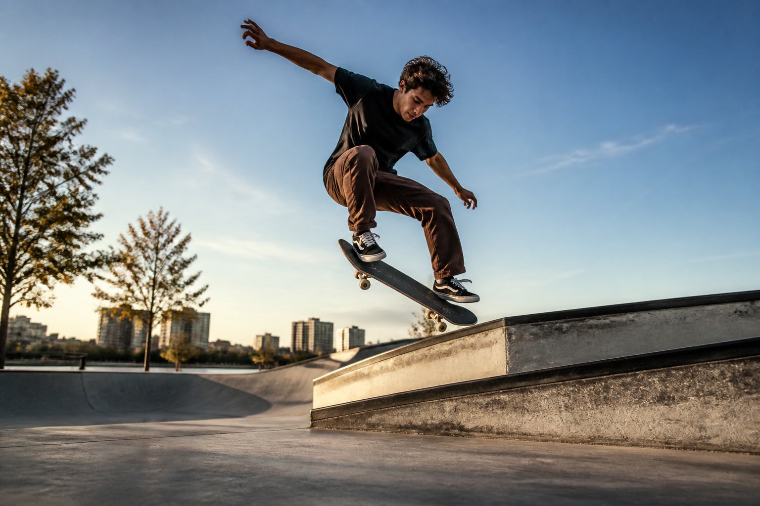 A skateboarder performs a trick at a modern outdoor skatepark in warm afternoon light.