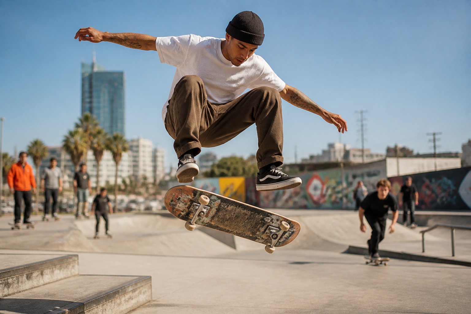 A skateboarder performs a trick at a sunny urban skatepark while other skaters gather in the background.