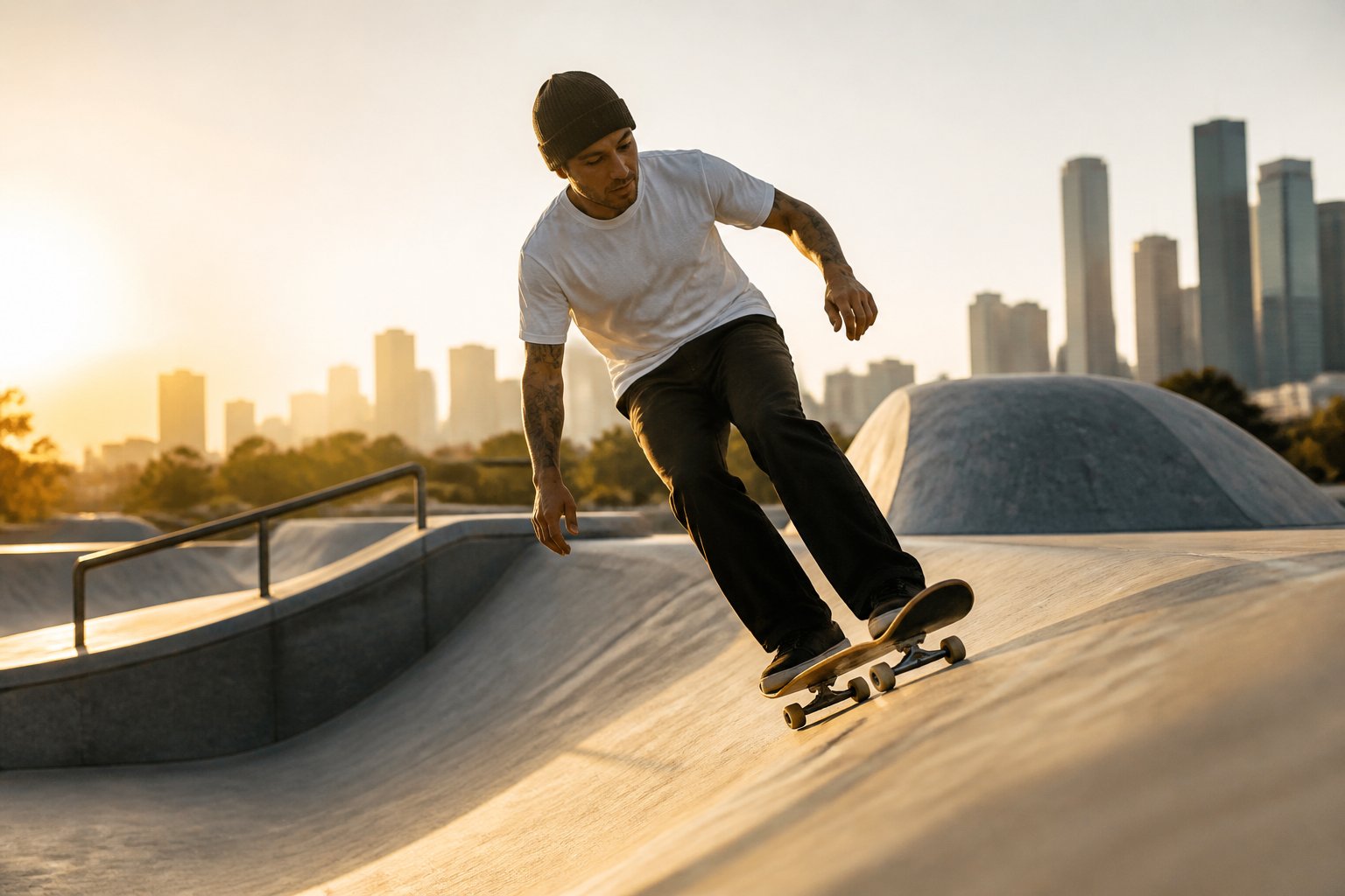 A skateboarder rides across a sunlit concrete ramp at an urban skatepark.