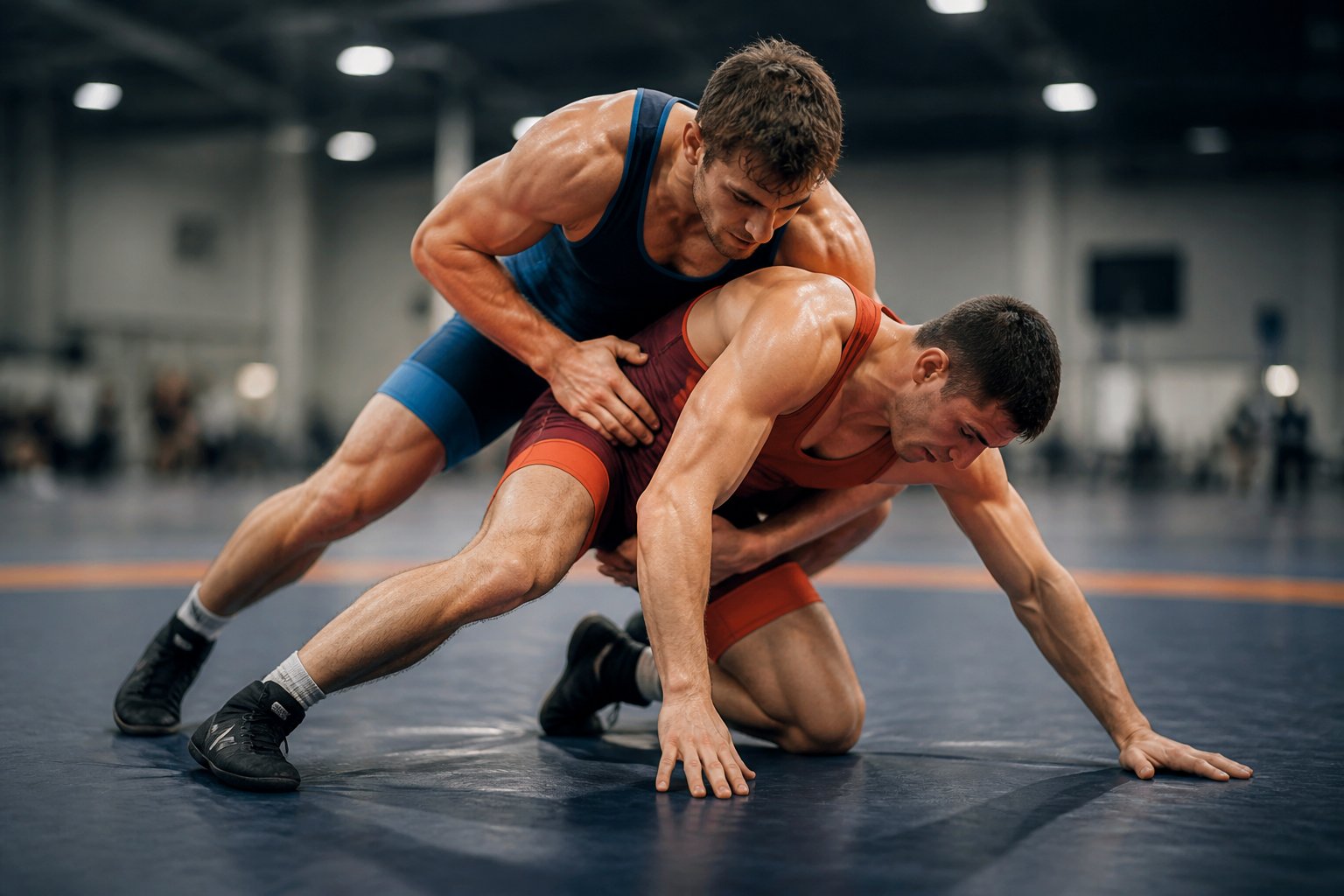 Two wrestlers practice a controlled takedown on a wrestling mat in a gym.