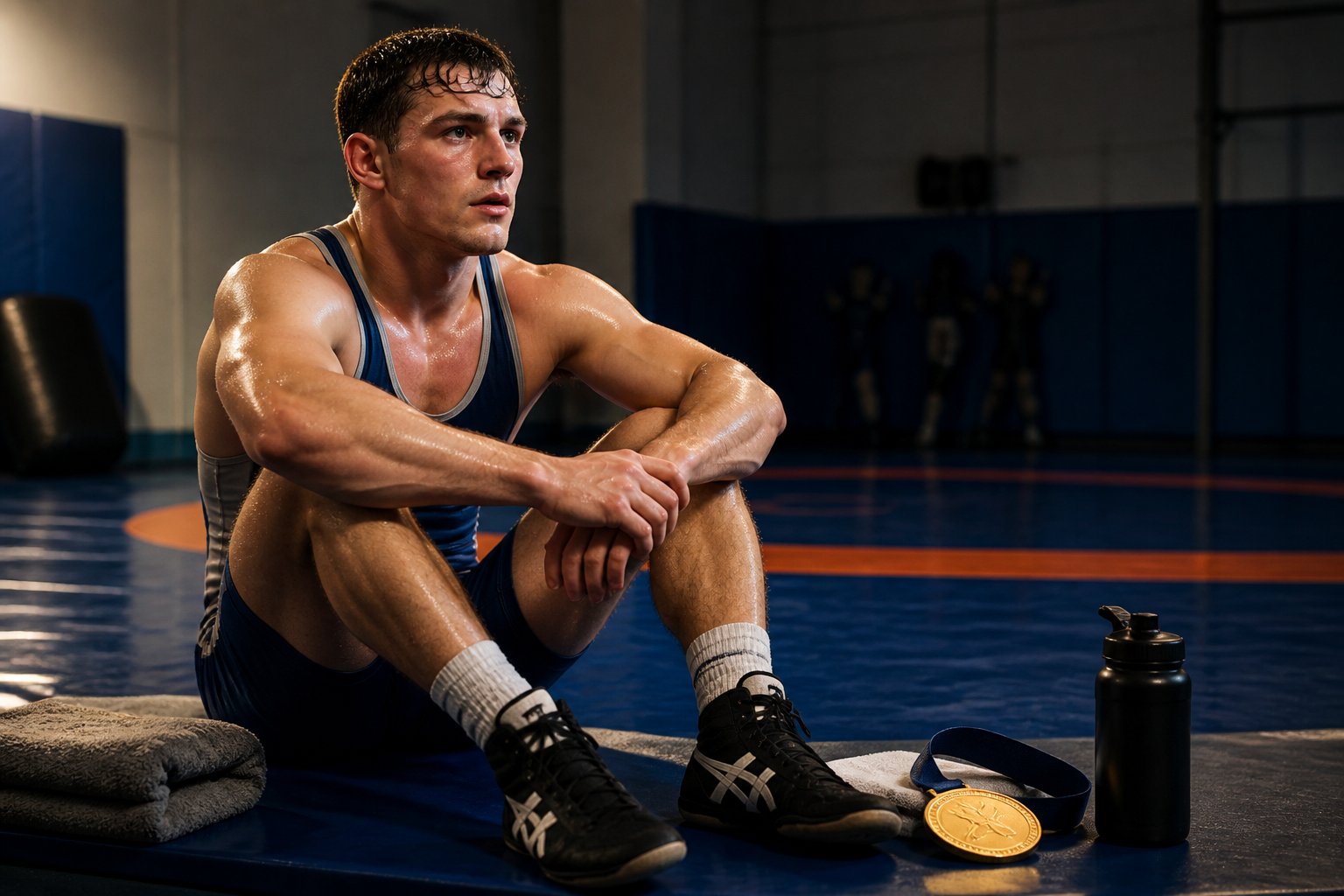 A tired wrestler sits beside a gold-colored medal on a training mat after practice.