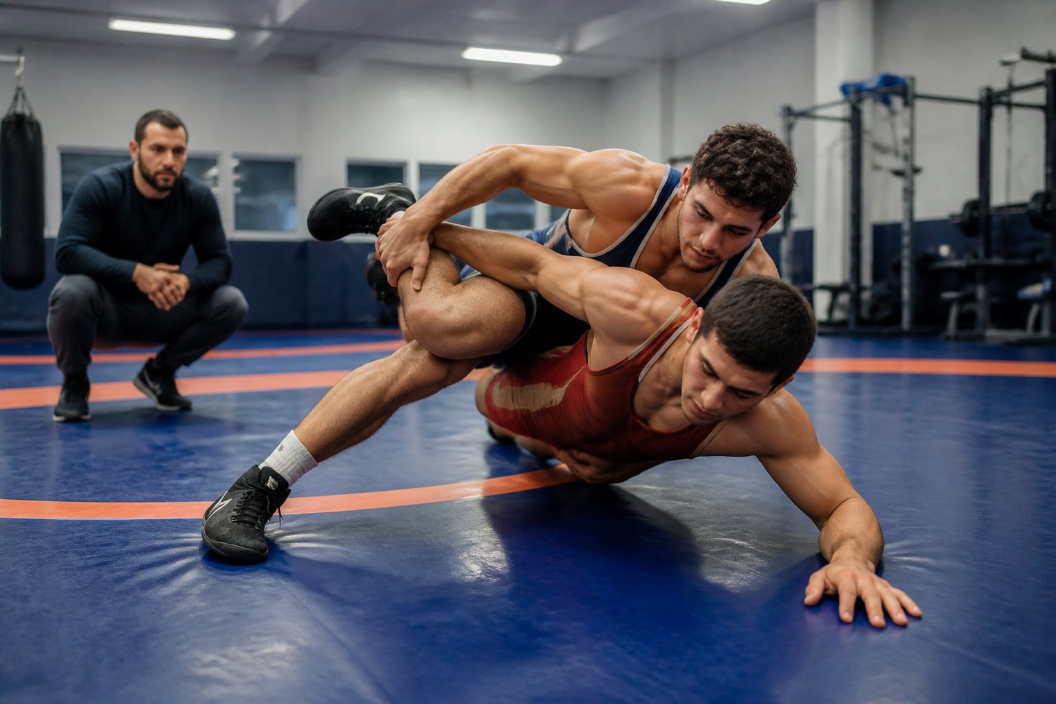 Two wrestlers practice a takedown on a gym mat while a coach watches.