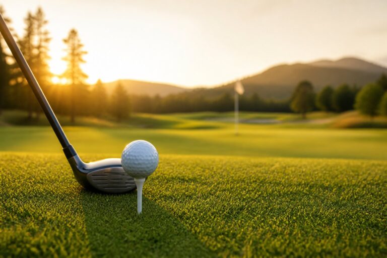 A golf club is positioned next to a golf ball on a tee at sunrise on a grassy course, with trees and mountains in the background.