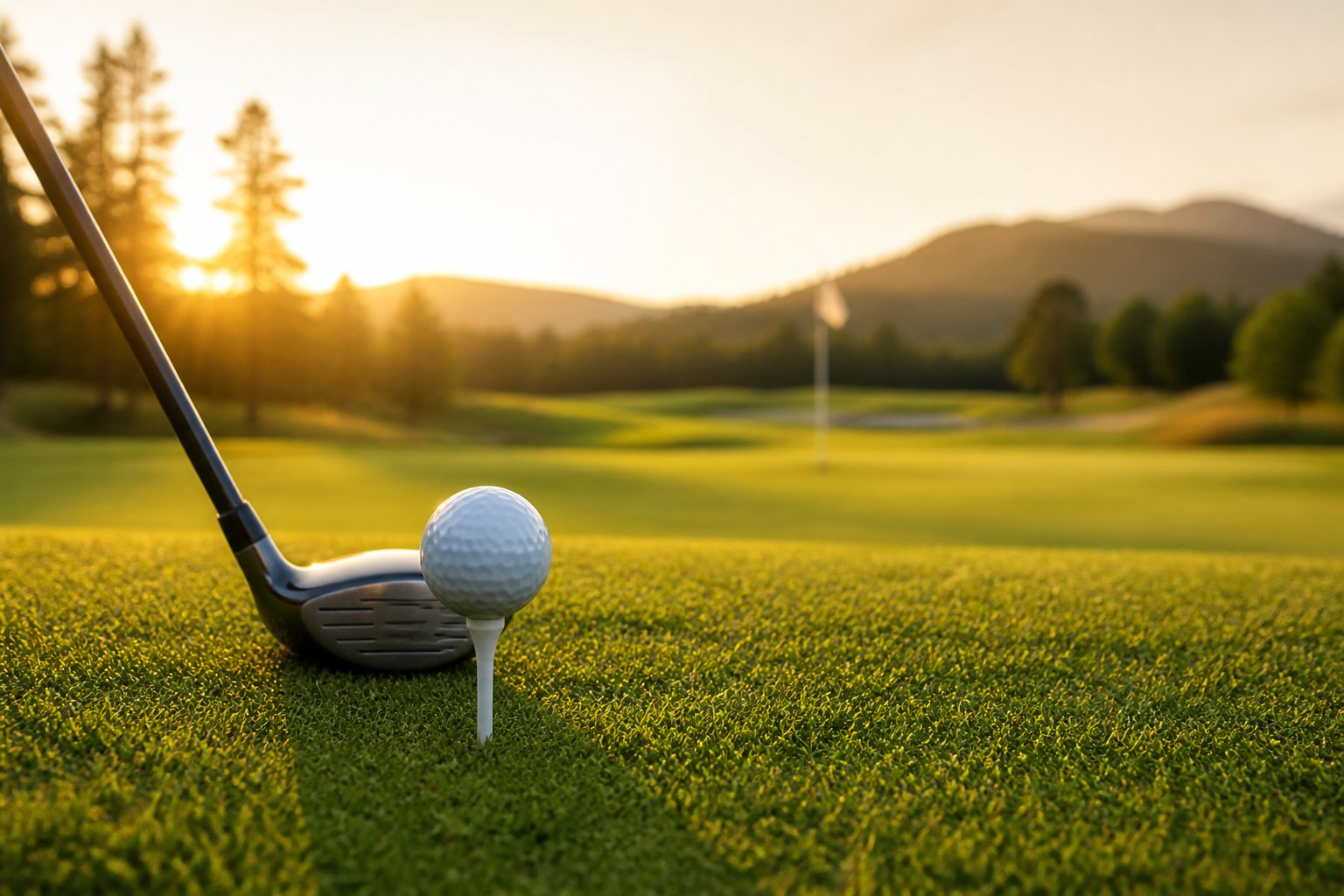 A golf club is positioned next to a golf ball on a tee at sunrise on a grassy course, with trees and mountains in the background.
