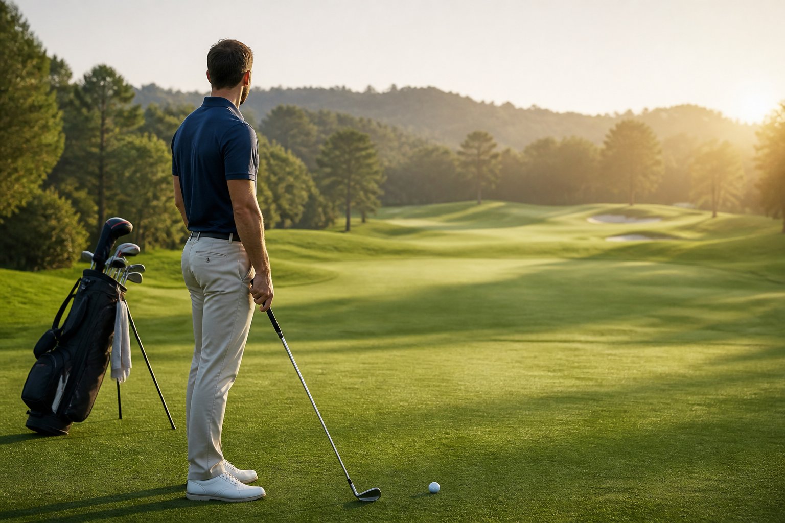 A golfer calmly prepares for the next shot on a sunlit golf course.