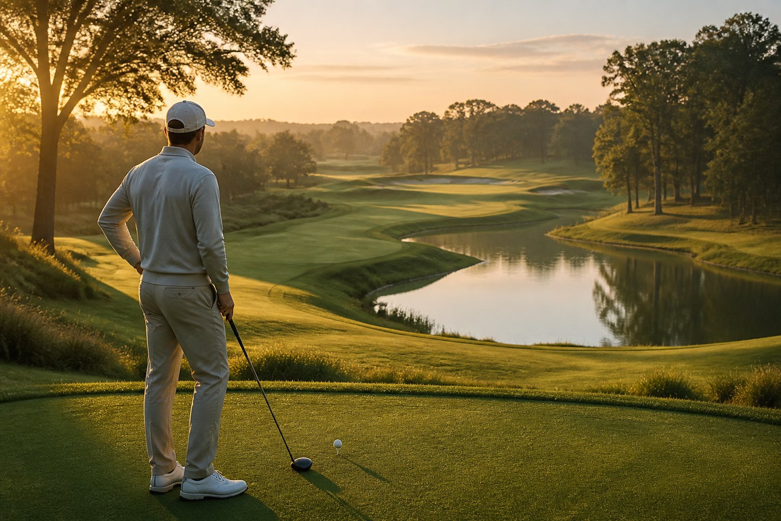 A thoughtful golfer studies a challenging course beside a golf ball at sunrise.