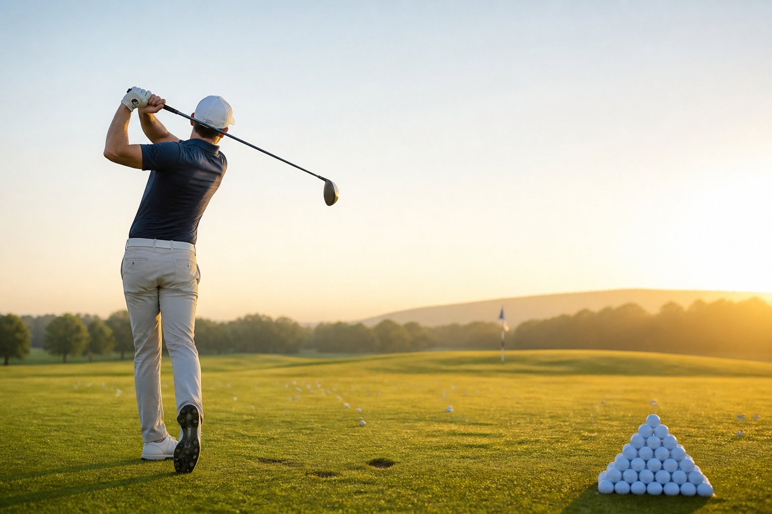 A focused golfer practices a drive on a sunlit golf range with balls and a distant green in the background.