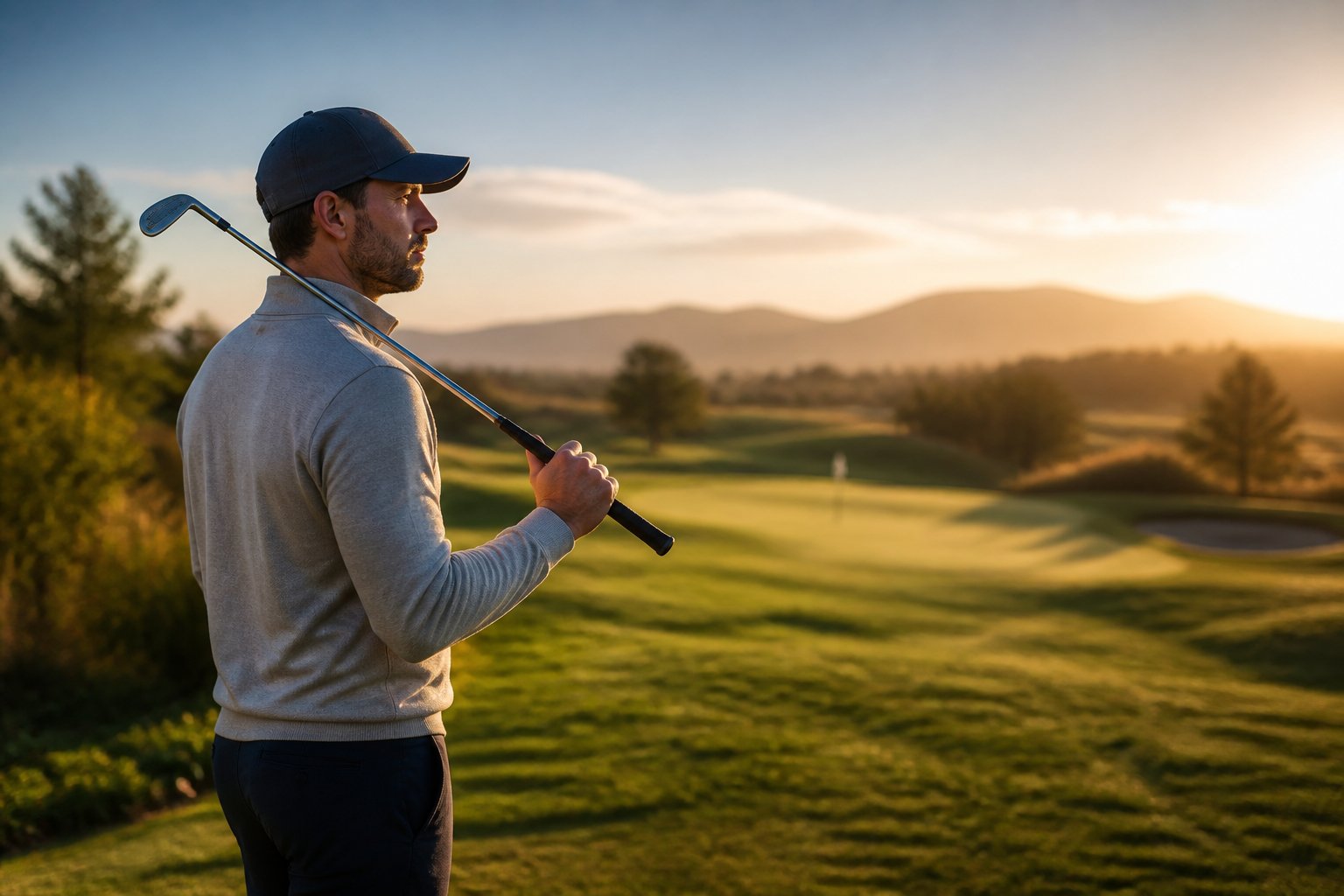 A focused golfer stands on a sunlit fairway, studying the course ahead.