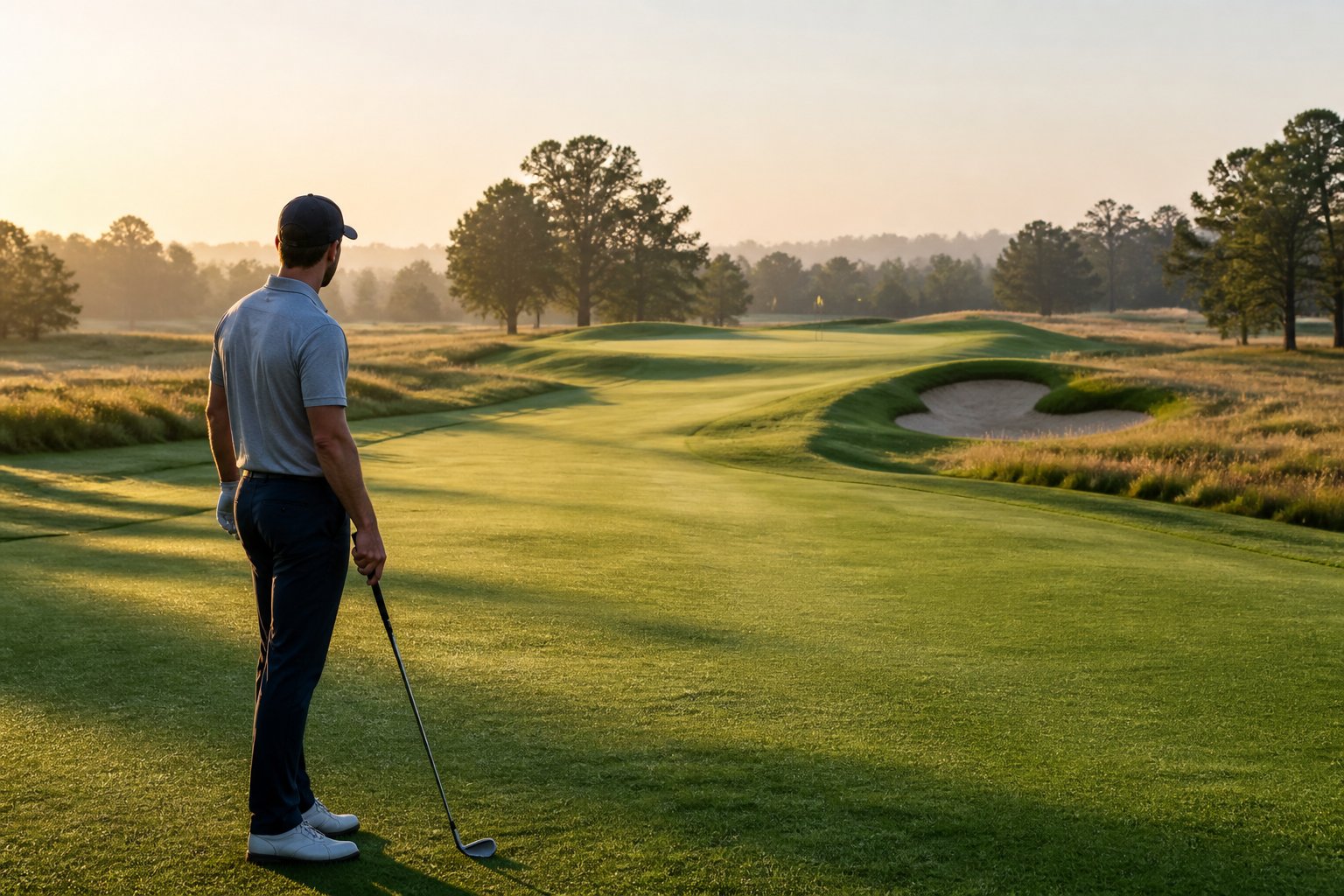 A focused golfer studies a challenging fairway on a sunlit golf course.