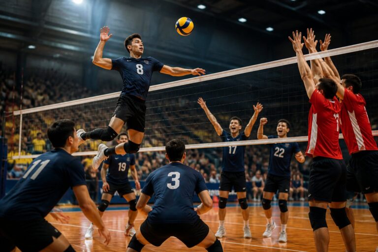 A volleyball player in a blue jersey jumps to spike the ball over the net as three opponents in red attempt to block during an indoor match.