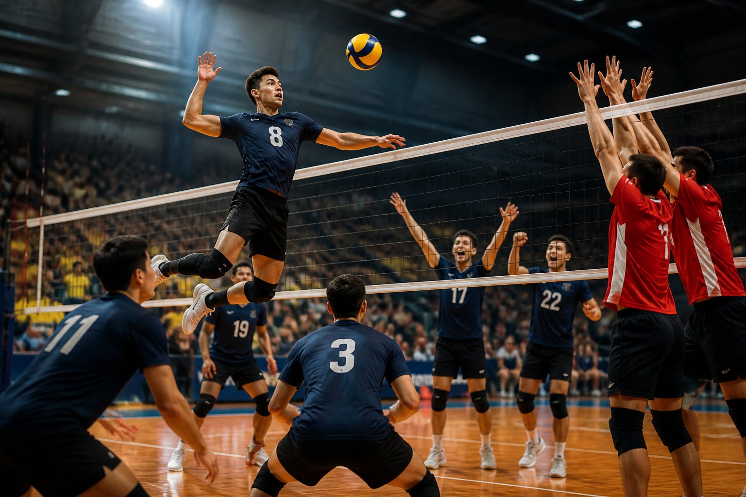Volleyball players celebrate a successful play on an indoor court as one player jumps near the net.