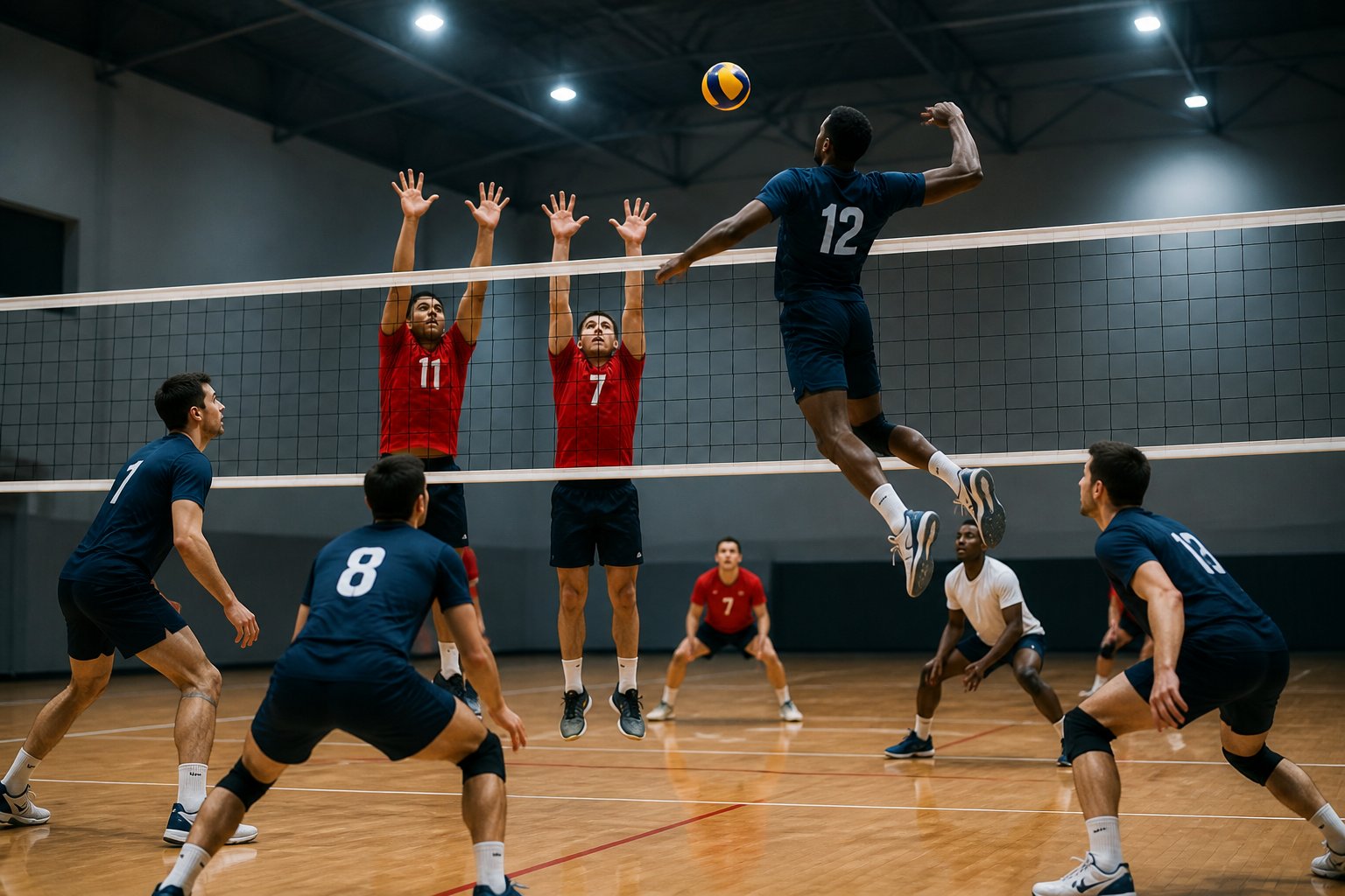 Volleyball players compete near the net as one athlete jumps to spike the ball.