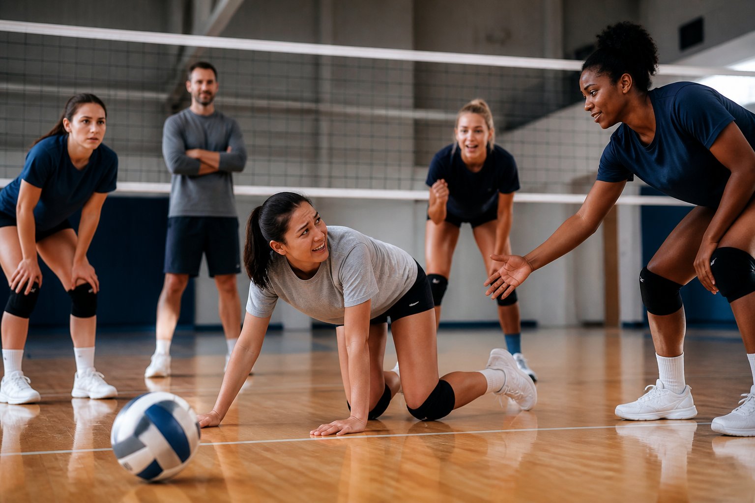 Volleyball players encourage a teammate after a missed play during an indoor practice session.