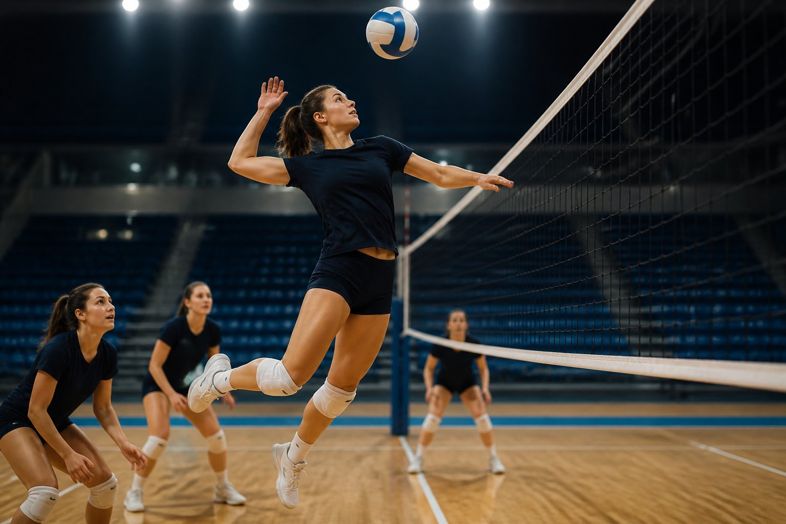 A focused volleyball player jumps to spike the ball while teammates watch on an indoor court.